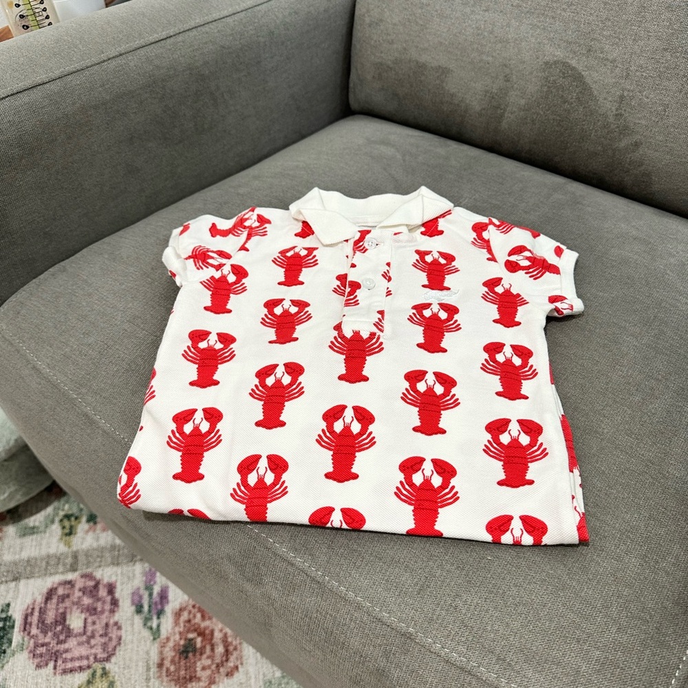 NWOT Monica & Andy Organic Polo Romper in Lobster Claws print